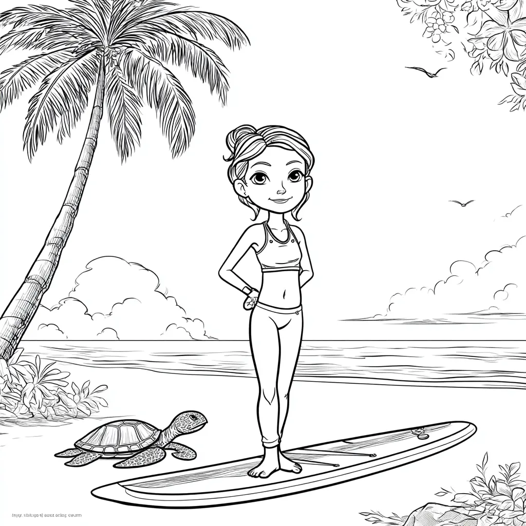 Dibujo de chica sobre una tabla de surf para colorear Dibujo de chica sobre una tabla de surf para colorear
