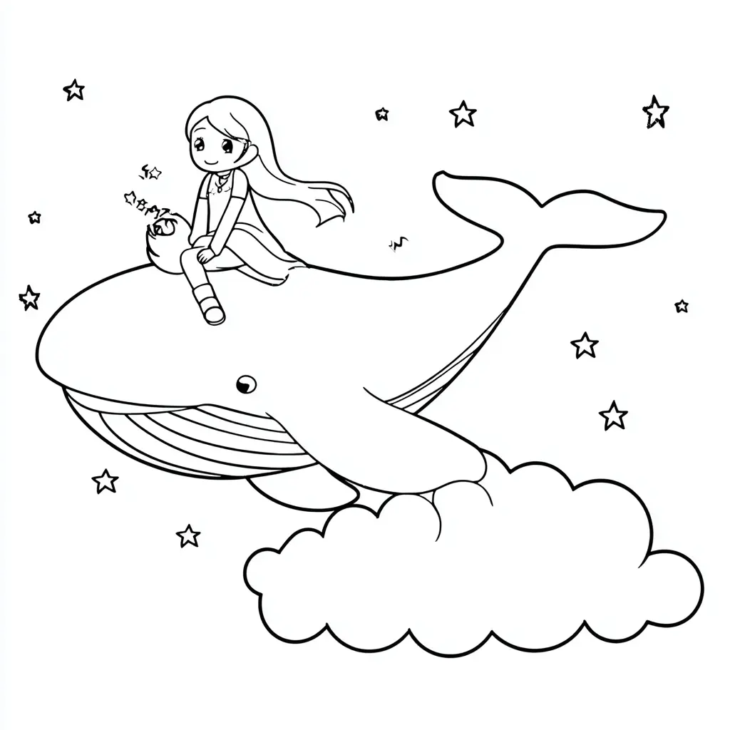 Dibujo de niña en la ballena mágica para colorear Dibujo de niña en la ballena mágica para colorear
