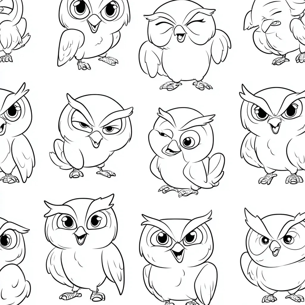 Dibujo de expresiones de búhos animados para colorear