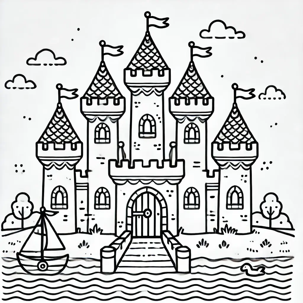 Dibujo de castillo con banderas al viento para colorear Dibujo de castillo con banderas al viento para colorear