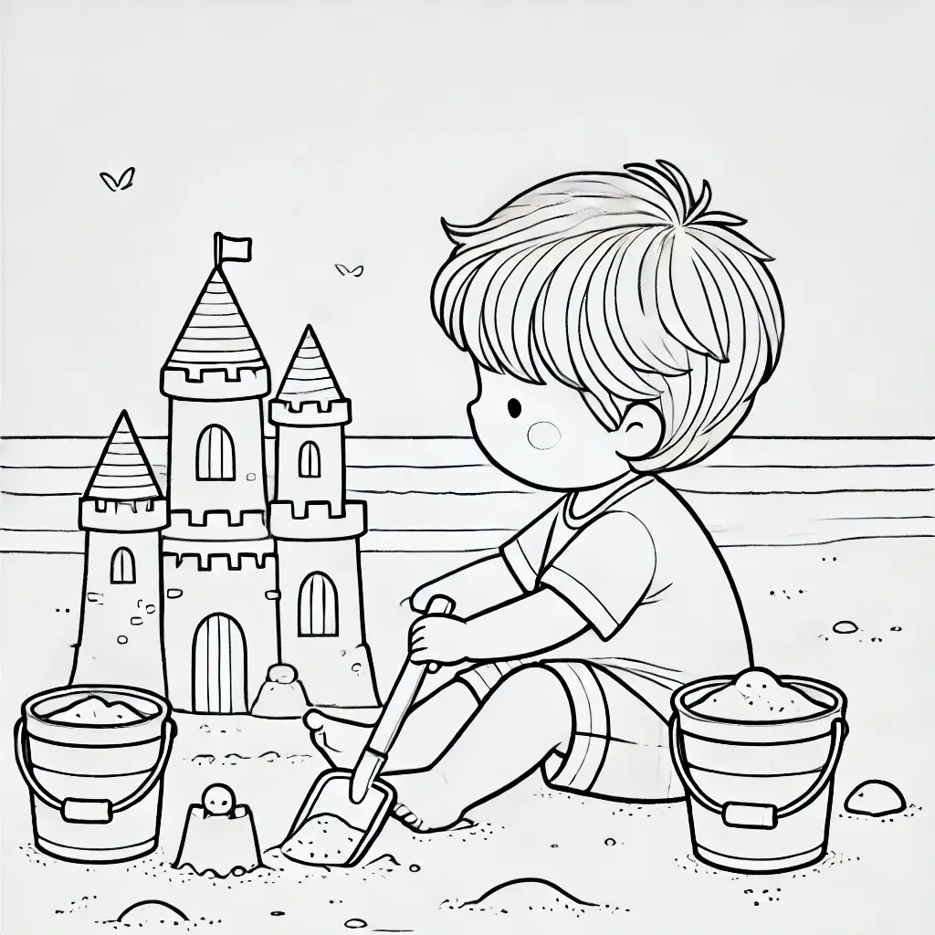 Dibujo de un niño y el castillo de arena para colorear Dibujo de un niño y el castillo de arena para colorear