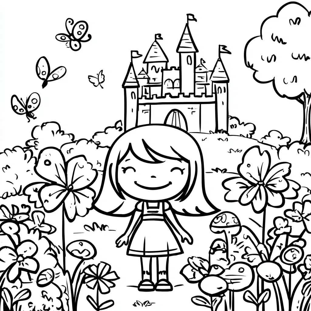 Dibujo de la niña y el castillo de ensueño para colorear Dibujo de la niña y el castillo de ensueño para colorear