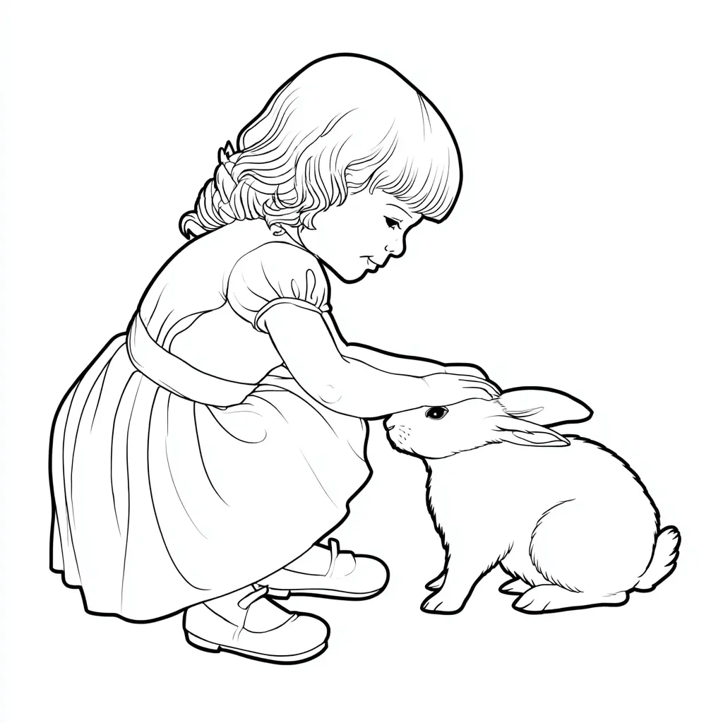 Dibujo de niña acariciando conejo para colorear Dibujo de niña acariciando conejo para colorear