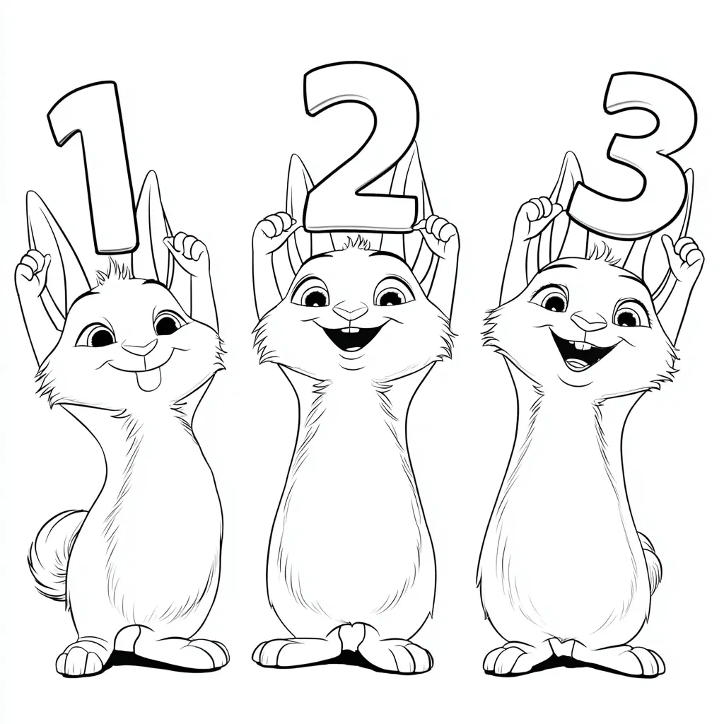 Dibujo de tres conejos con números para colorear