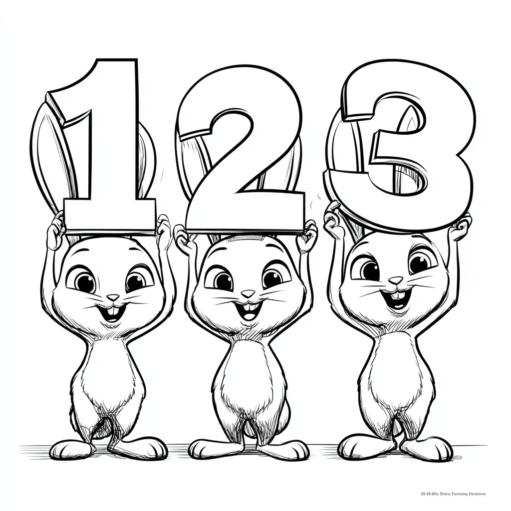 Dibujo de conejos contando 1, 2, 3 para colorear