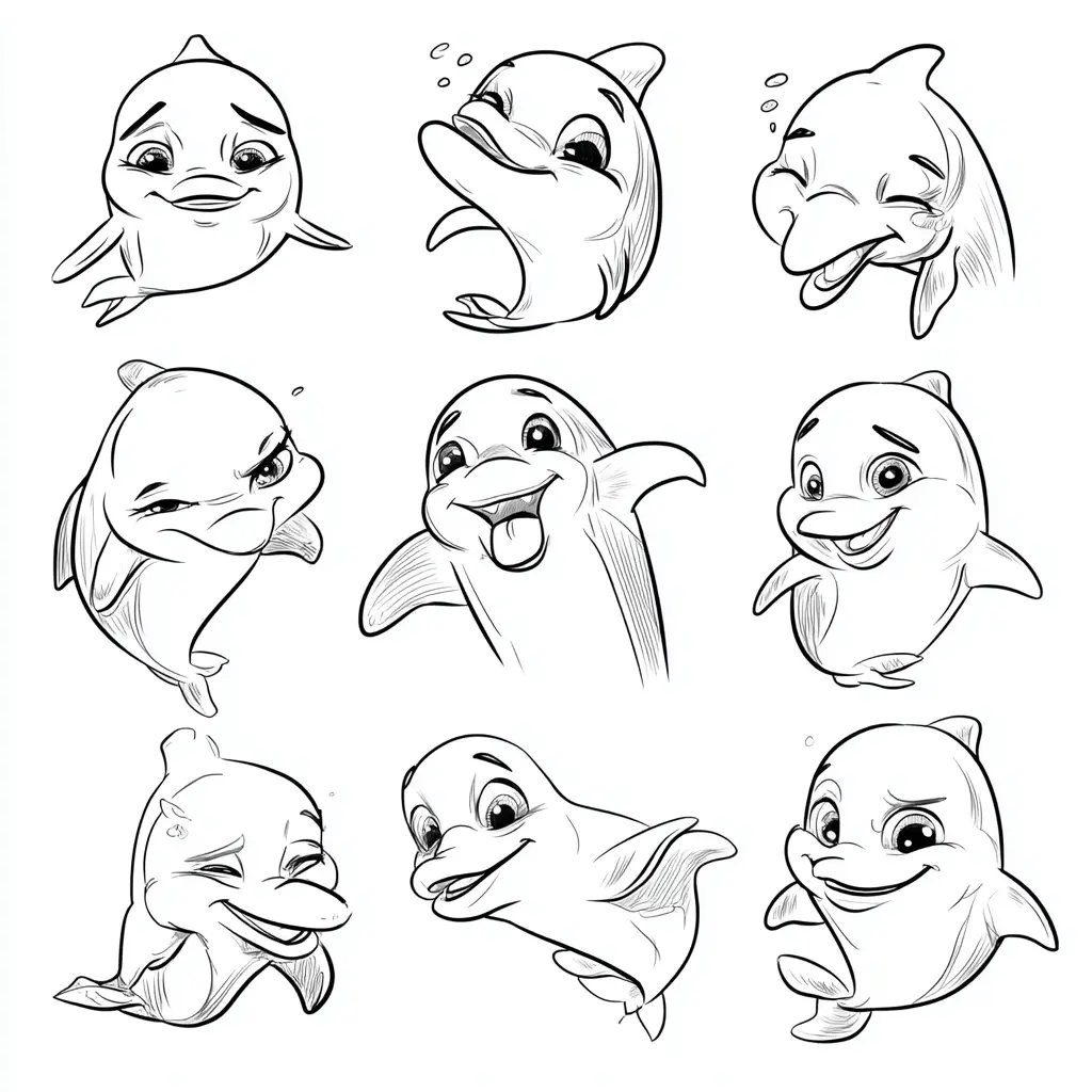 Dibujo de expresiones de delfines para colorer