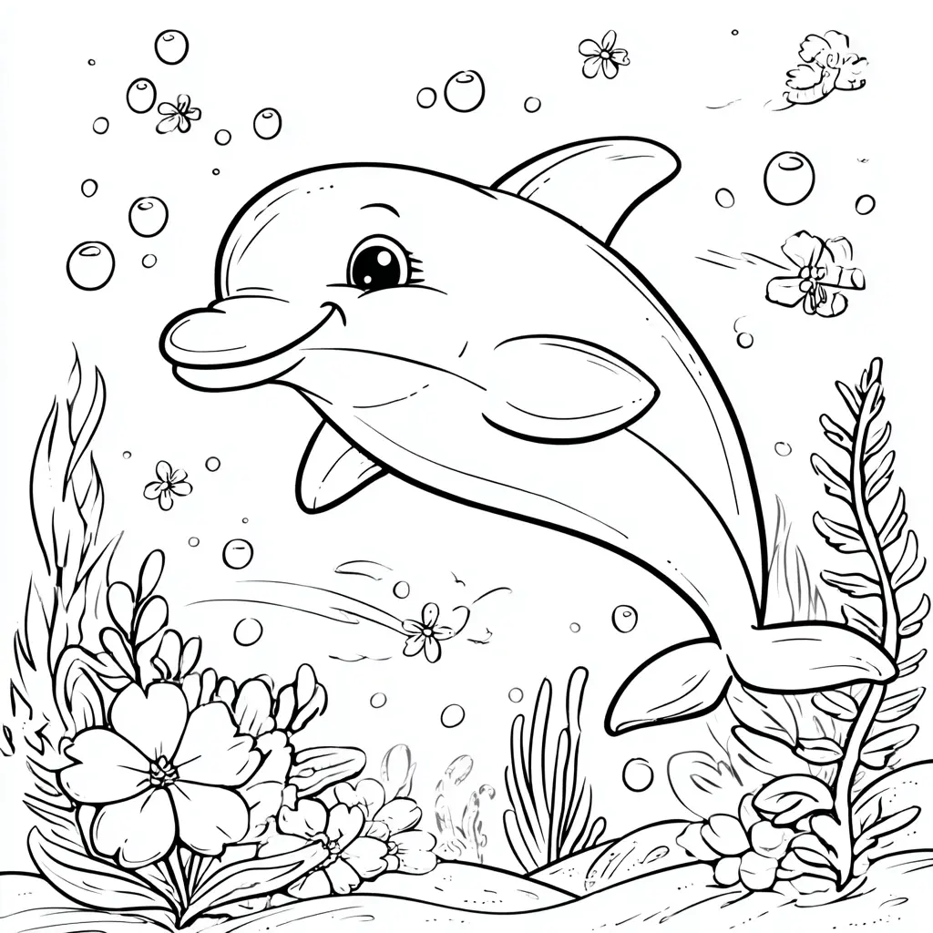 Dibujo de delfín kawaii en el fondo del mar para colorear