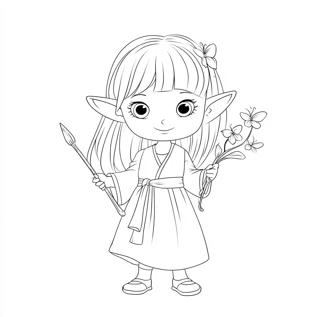 Dibujo de elfa con flor de mariposas para colorear Dibujo de elfa con flor de mariposas para colorear