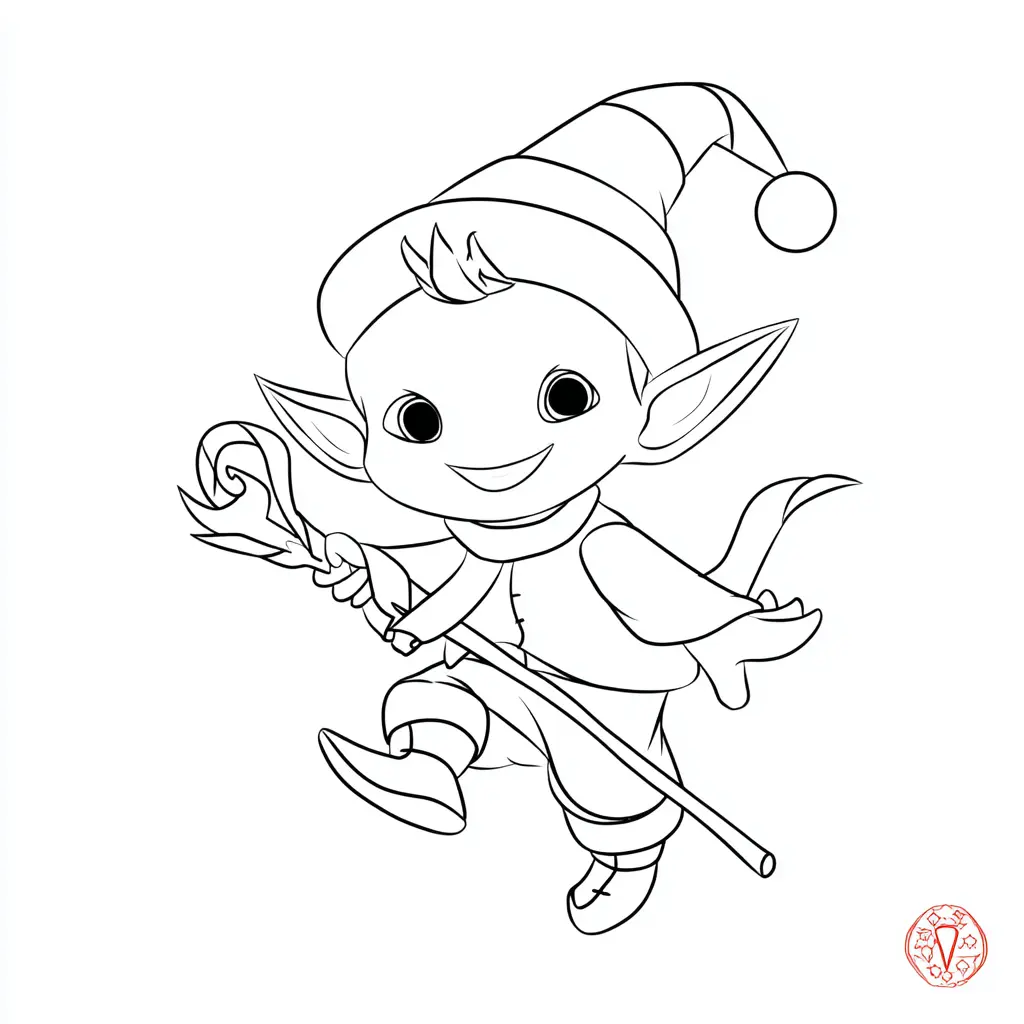 Dibujo de pequeño elfo con bastón para colorear Dibujo de pequeño elfo con bastón para colorear