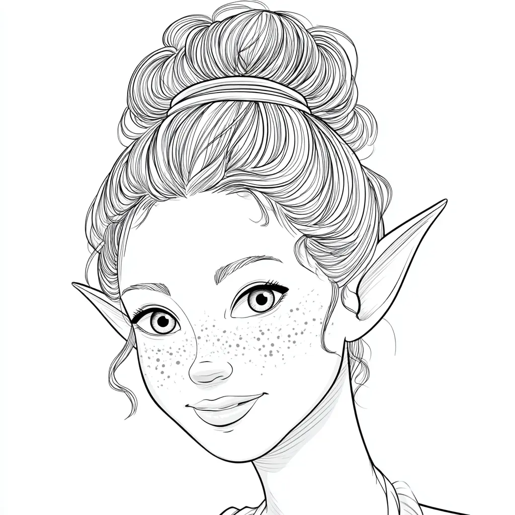Dibujo de elfa con pecas y orejas puntiagudas para colorear Dibujo de elfa con pecas y orejas puntiagudas para colorear