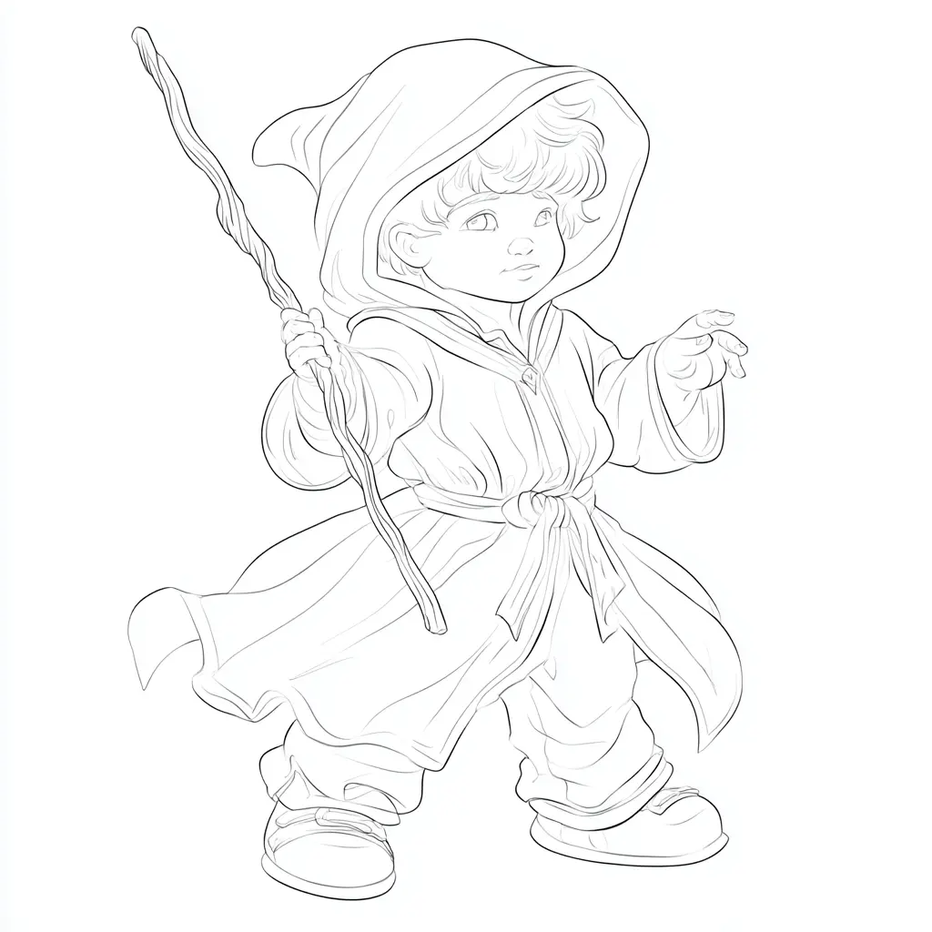 Dibujo de pequeño mago con capucha para colorear Dibujo de pequeño mago con capucha para colorear