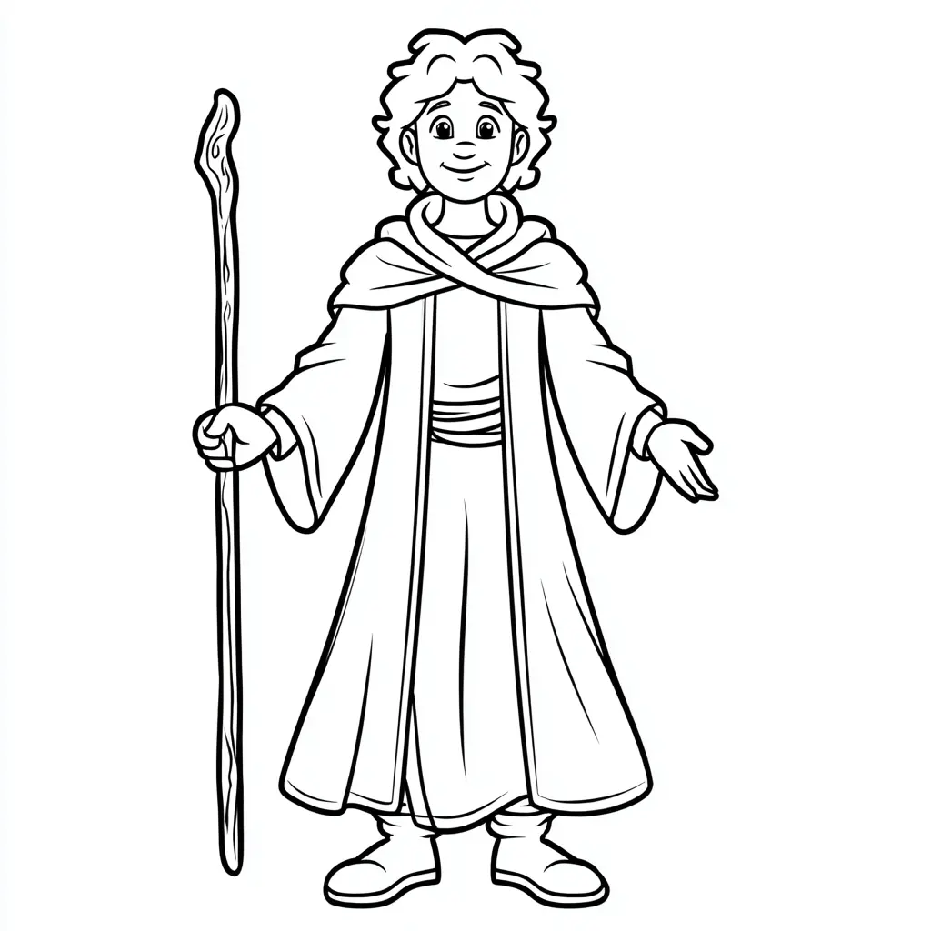 Dibujo de joven mago con bastón mágico para colorear Dibujo de joven mago con bastón mágico para colorear