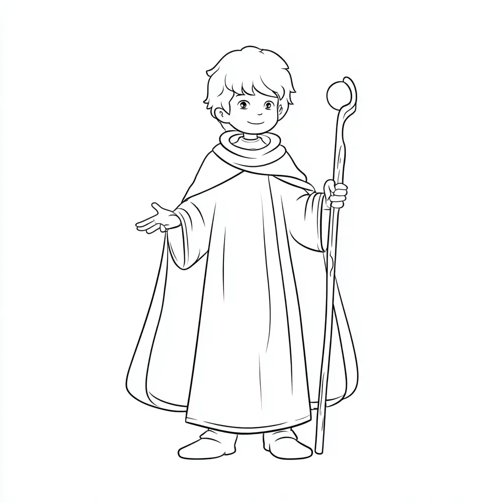Dibujo de joven mago con báculo lunar para colorear Dibujo de joven mago con báculo lunar para colorear