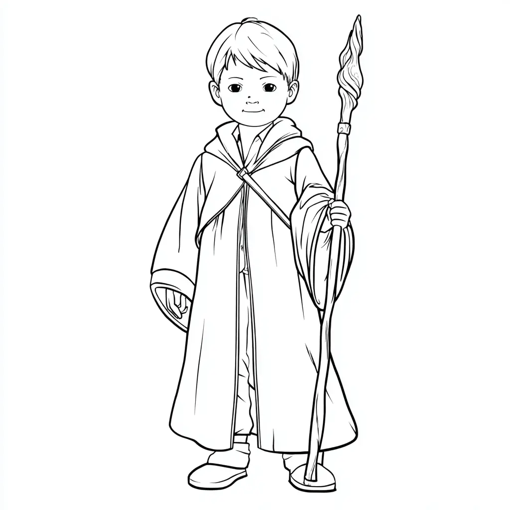 Dibujo de mago con túnica y báculo para colorear Dibujo de mago con túnica y báculo para colorear