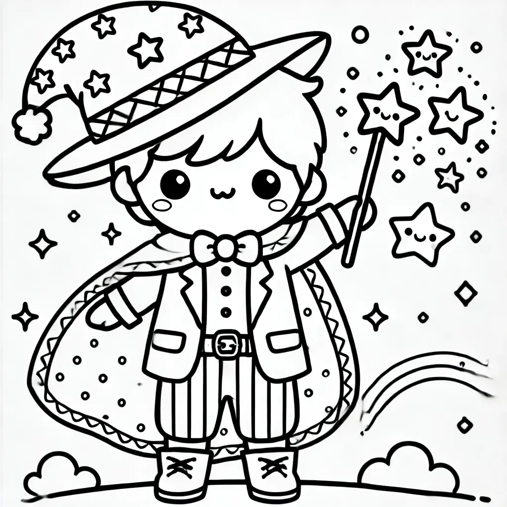 Dibujo de mago kawaii con varita para colorear Dibujo de mago kawaii con varita para colorear