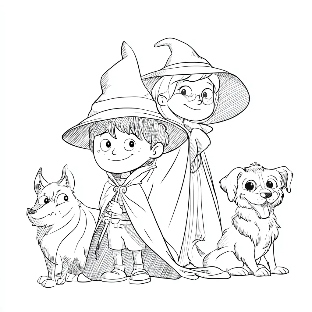 Dibujo de dos magos y sus mascotas para colorear Dibujo de dos magos y sus mascotas para colorear