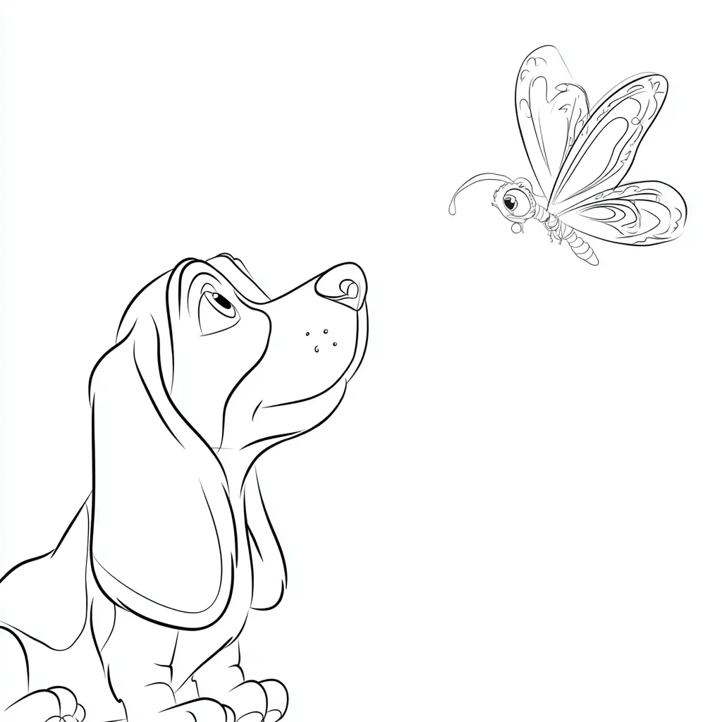 Dibujo de beagle realista y mariposa para colorear Dibujo de beagle realista y mariposa para colorear
