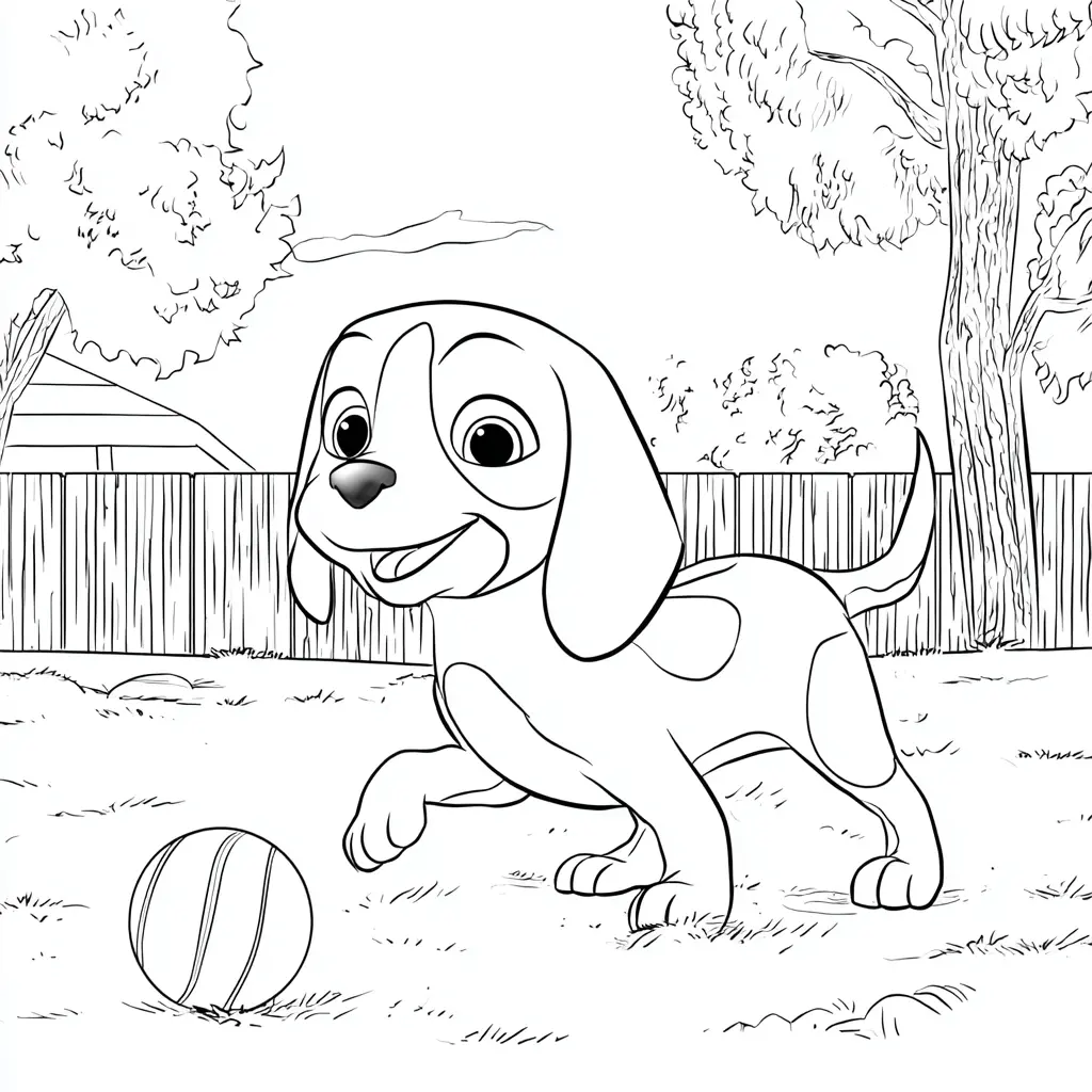 Dibujo de beagle en el césped con pelota para colorear Dibujo de beagle en el césped con pelota para colorear