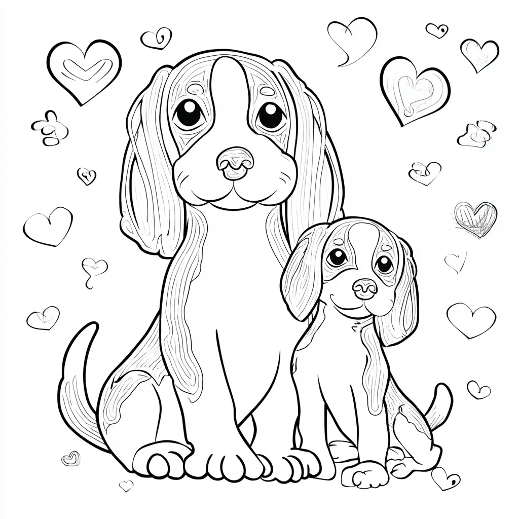 Dibujo de dos beagle con corazones para colorear Dibujo de dos beagle con corazones para colorear