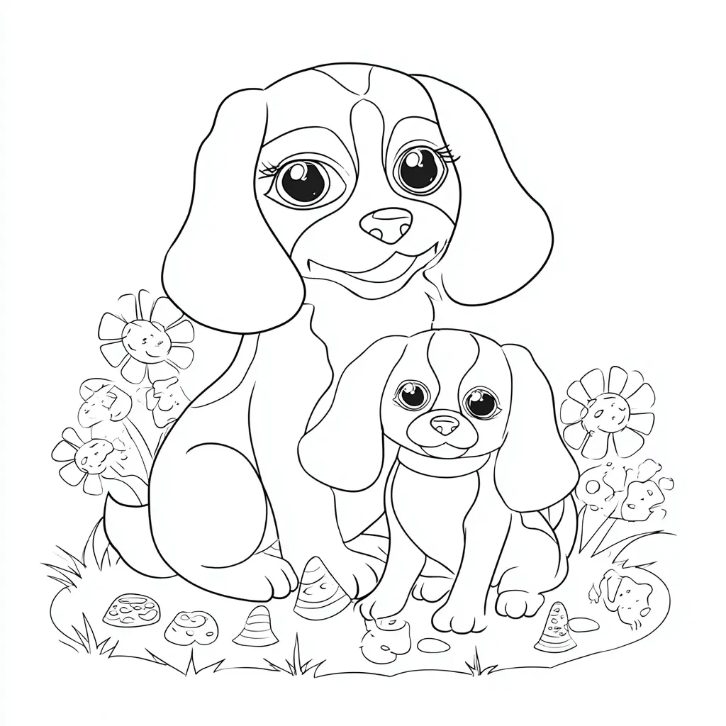 Dibujo de mamá y cachorro beagle en el jardín para colorear Dibujo de mamá y cachorro beagle en el jardín para colorear