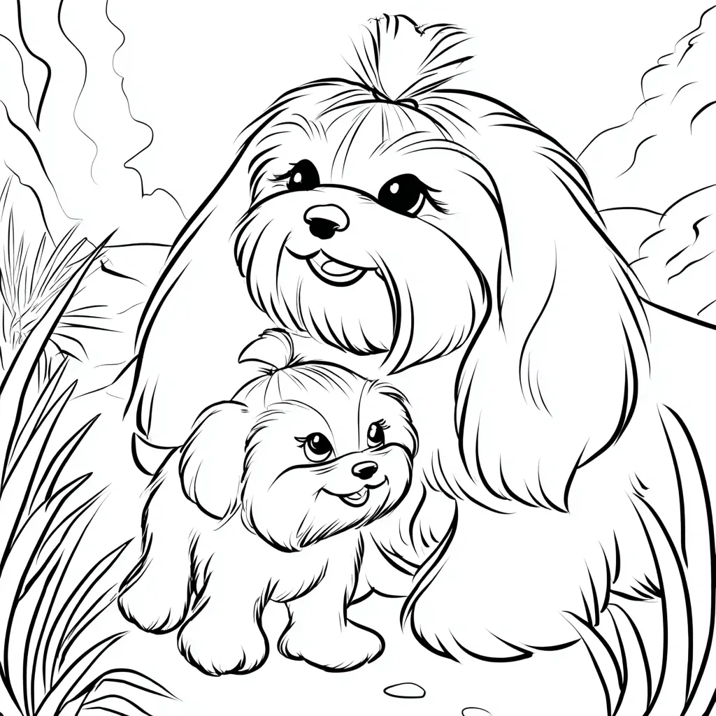 Dibujo de cachorro con mamá maltés para colorear Dibujo de cachorro con mamá maltés para colorear