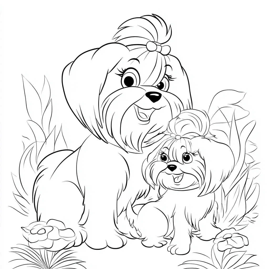Dibujo de bichón maltés y cachorro para colorear Dibujo de bichón maltés y cachorro para colorear