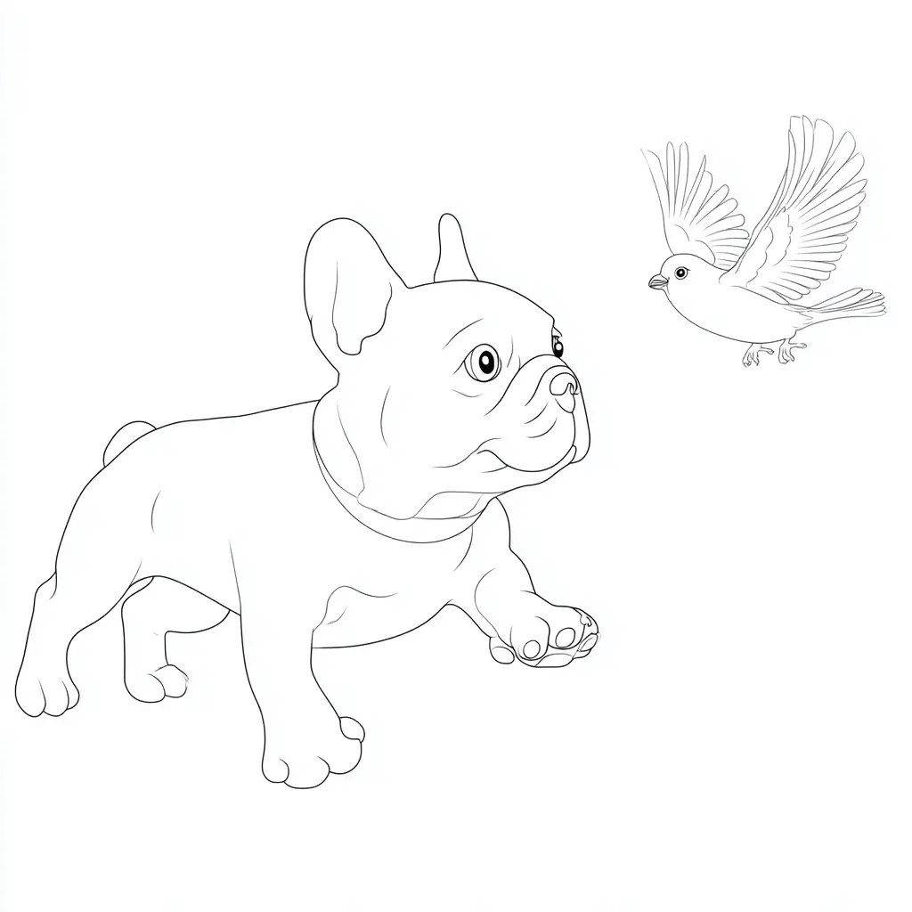 Dibujo de bulldog francés con pájaro para colorear Dibujo de bulldog francés con pájaro para colorear