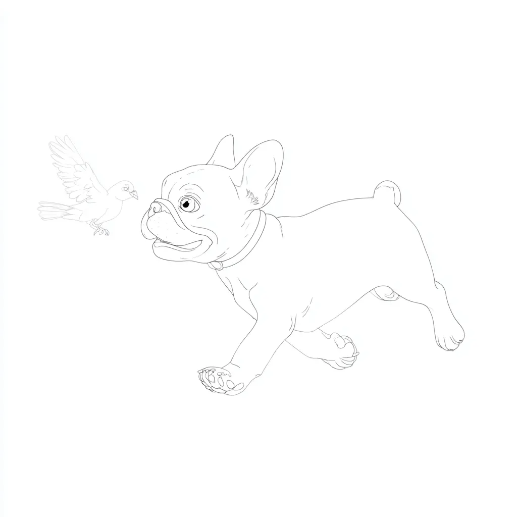 Dibujo de bulldog francés jugando con pájaro para colorear Dibujo de bulldog francés jugando con pájaro para colorear