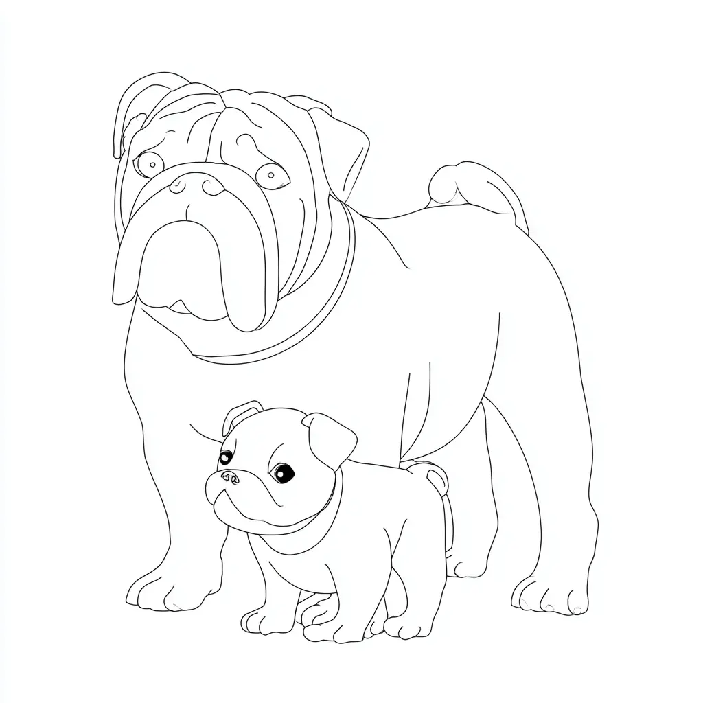 Dibujo de bulldog inglés y cachorro simples para colorear