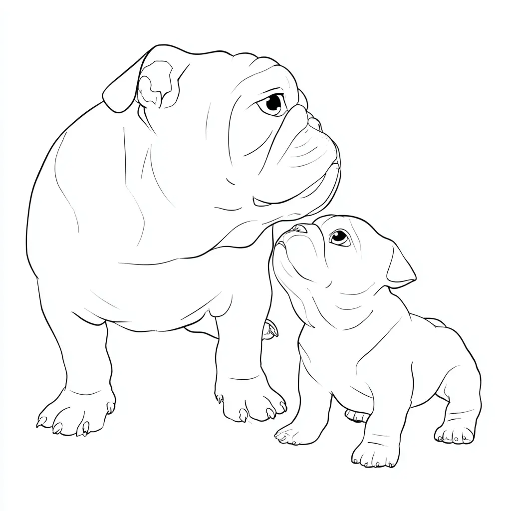 Dibujo de bulldog inglés con cachorro para colorear