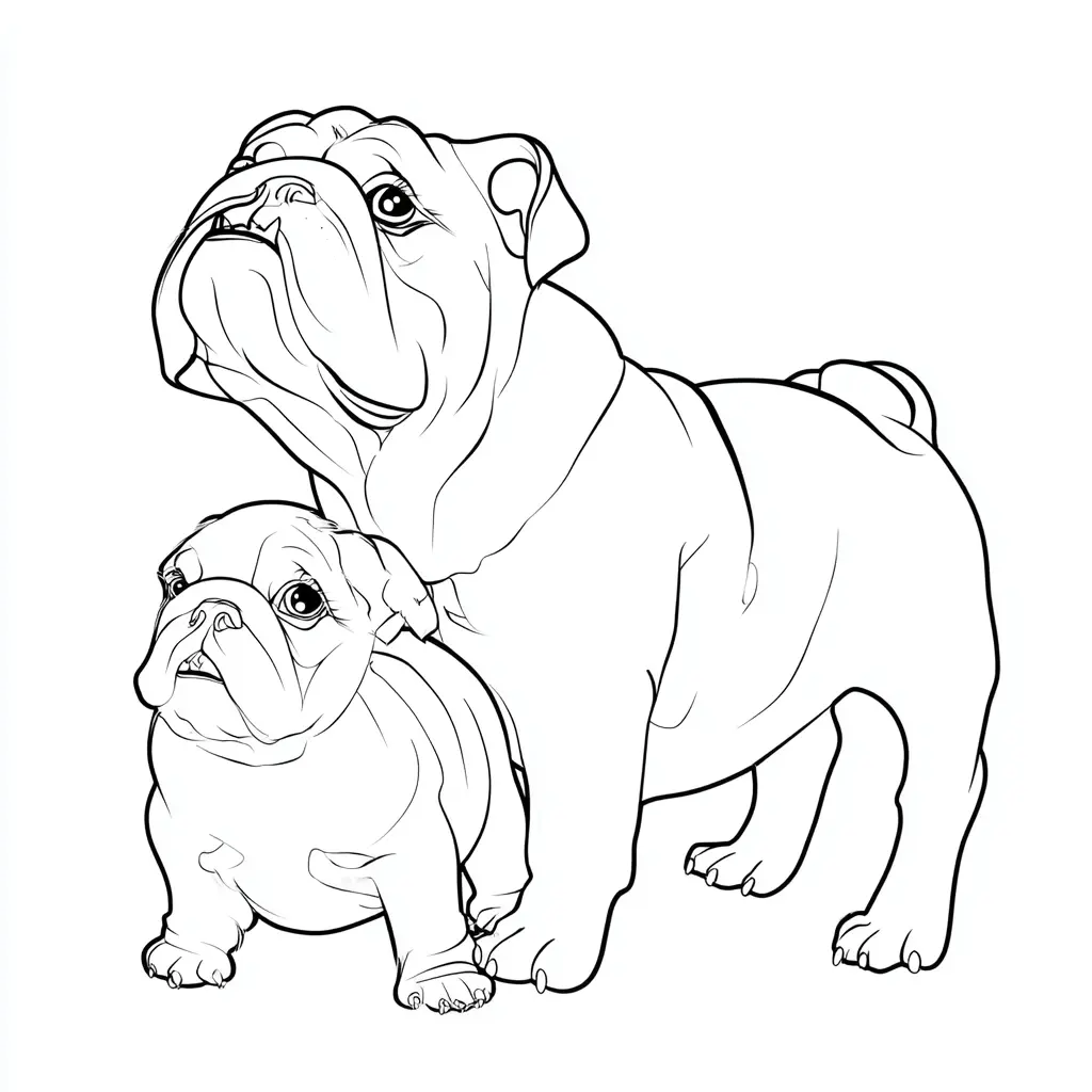Dibujo de bulldog inglés y cachorro con detalles para colorear