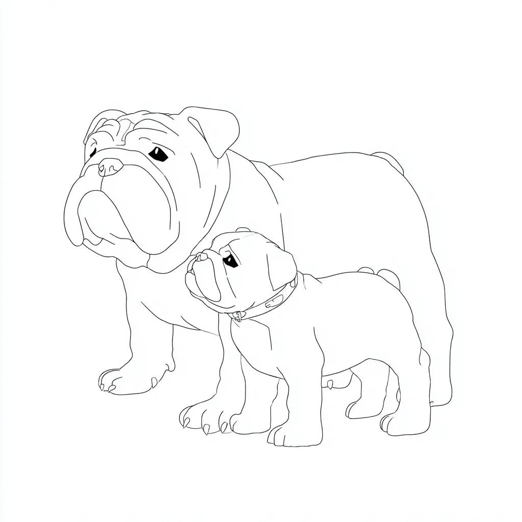 Dibujo de trazo fino de bulldog inglés con cachorro para colorear