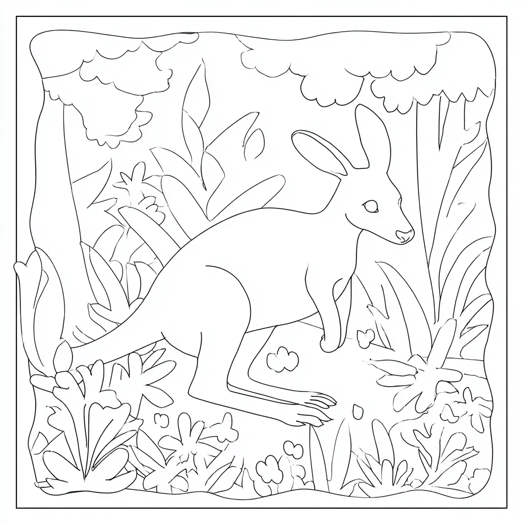 Dibujo de canguro en escena enmarcada para colorear Dibujo de canguro en escena enmarcada para colorear
