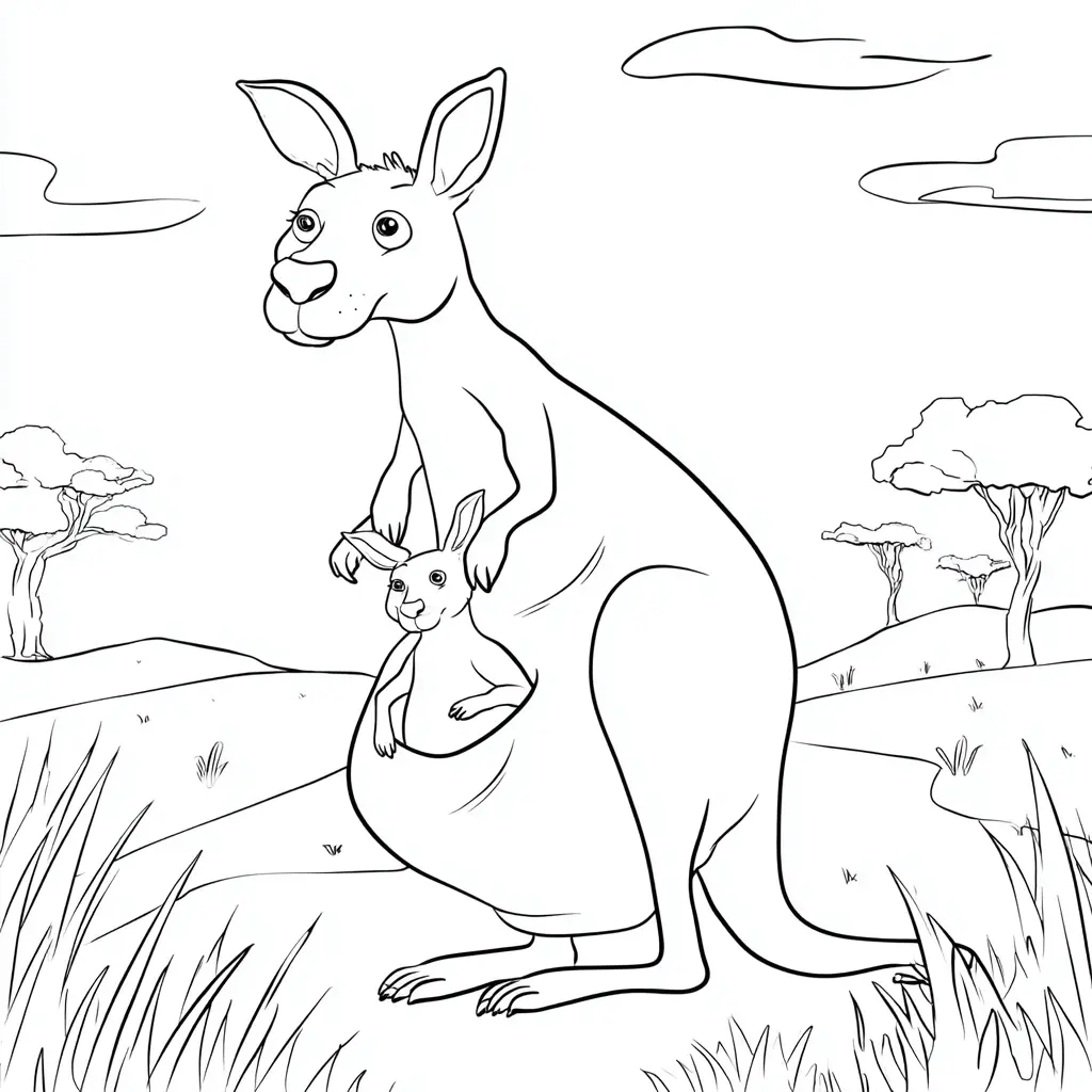 Dibujo de canguro y su bebé en su hogar para colorear Dibujo de canguro y su bebé en su hogar para colorear