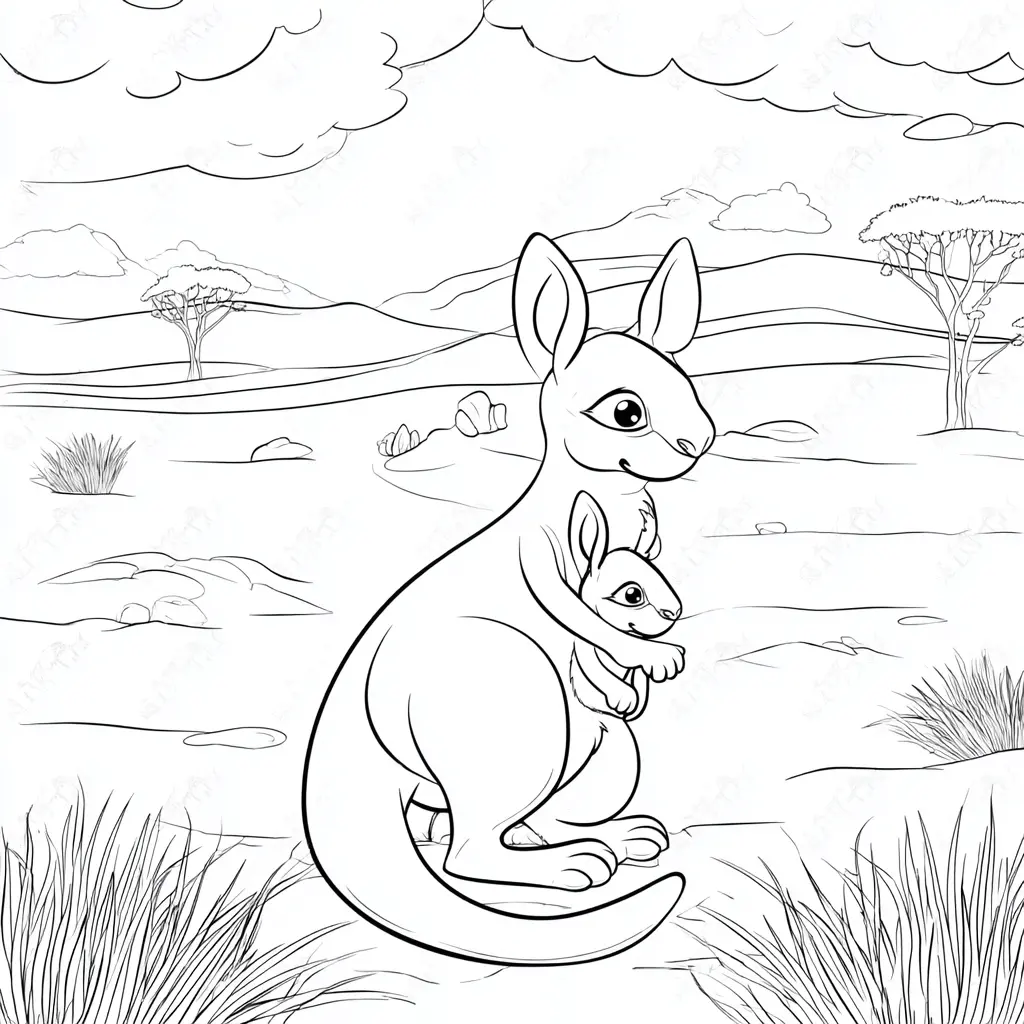 Dibujo de tierna mamá canguro y su bebé para colorear Dibujo de tierna mamá canguro y su bebé para colorear