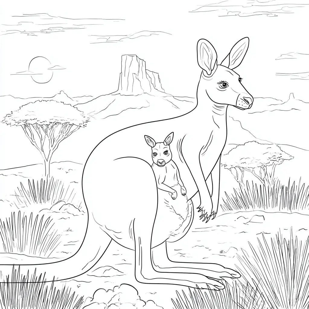 Dibujo de canguro y su bebé en la naturaleza para colorear Dibujo de canguro y su bebé en la naturaleza para colorear