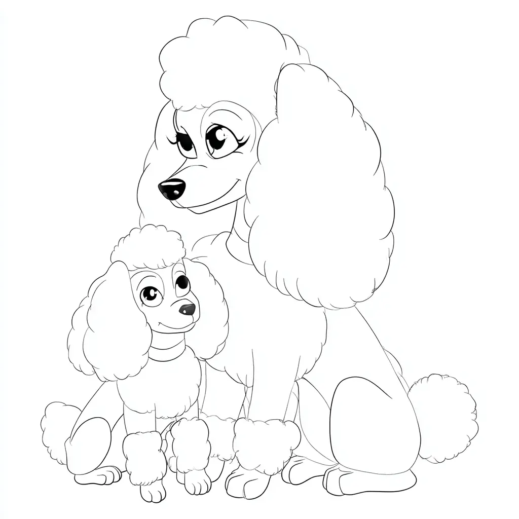 Dibujo de mamá caniche y cachorro kawaii para colorear Dibujo de mamá caniche y cachorro kawaii para colorear