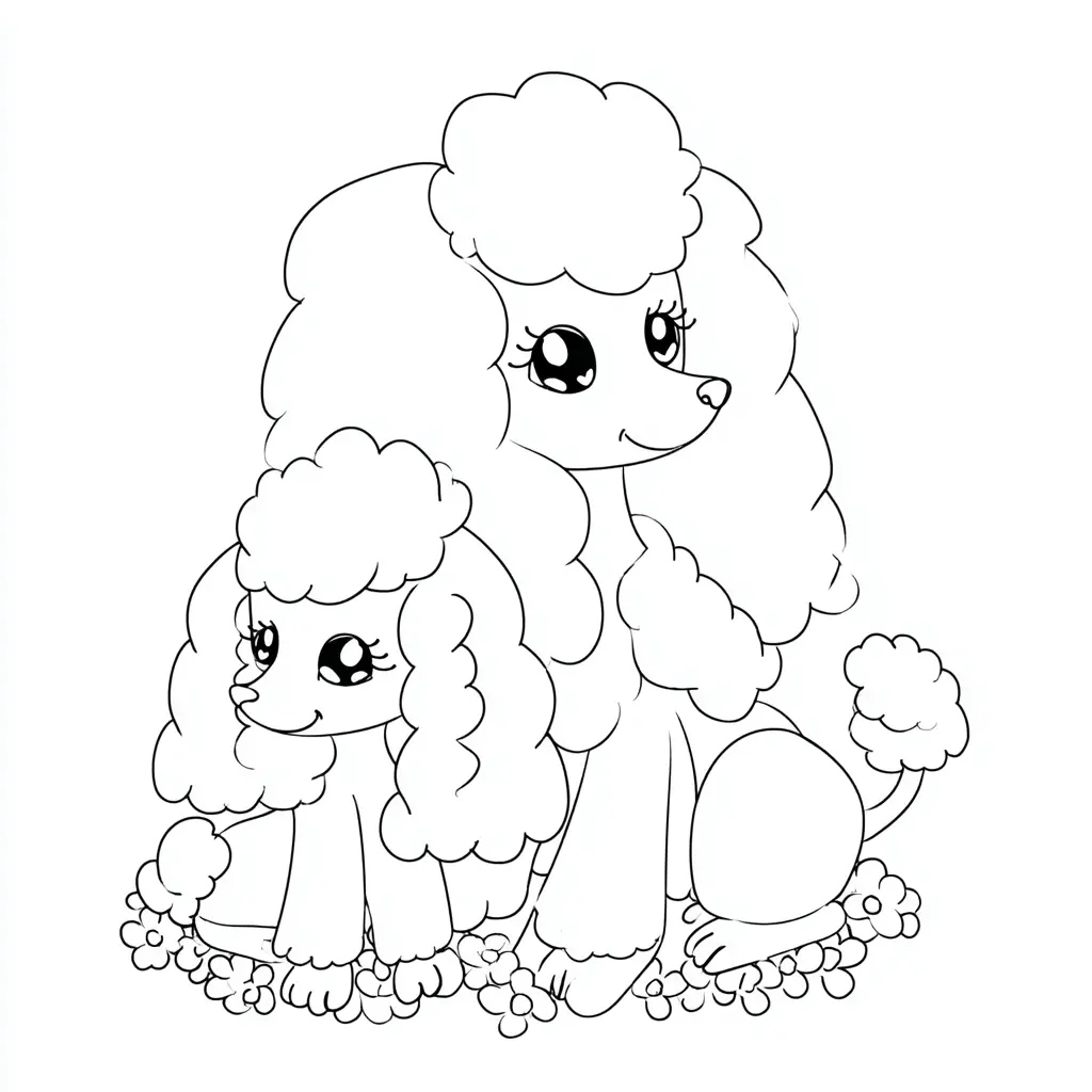 Dibujo de dos lindas caniches sobre flores para colorear Dibujo de dos lindas caniches sobre flores para colorear