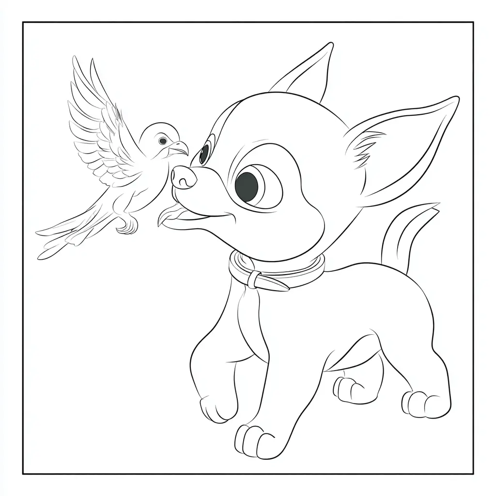 Dibujo de chichuhua y pájaro con marco para colorear Dibujo de chichuhua y pájaro con marco para colorear