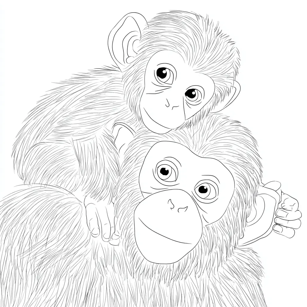Dibujo de mamá y cría chimpancé peludos para colorear Dibujo de mamá y cría chimpancé peludos para colorear