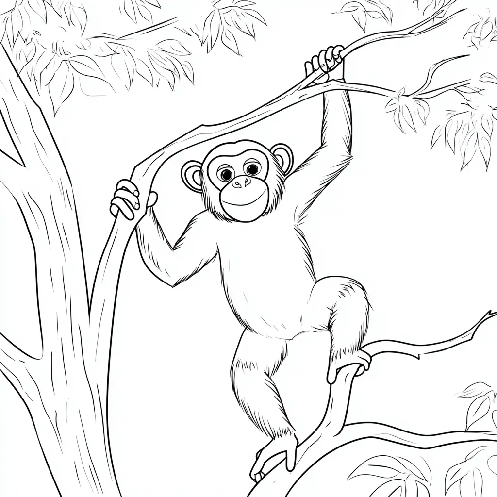 Dibujo de chimpancé cartoon en un árbol para colorear Dibujo de chimpancé cartoon en un árbol para colorear