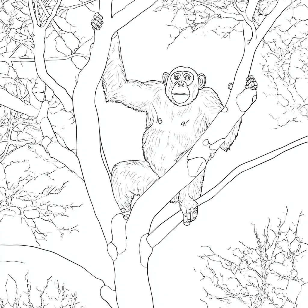 Dibujo de chimpancé grande en un árbol para colorear Dibujo de chimpancé grande en un árbol para colorear