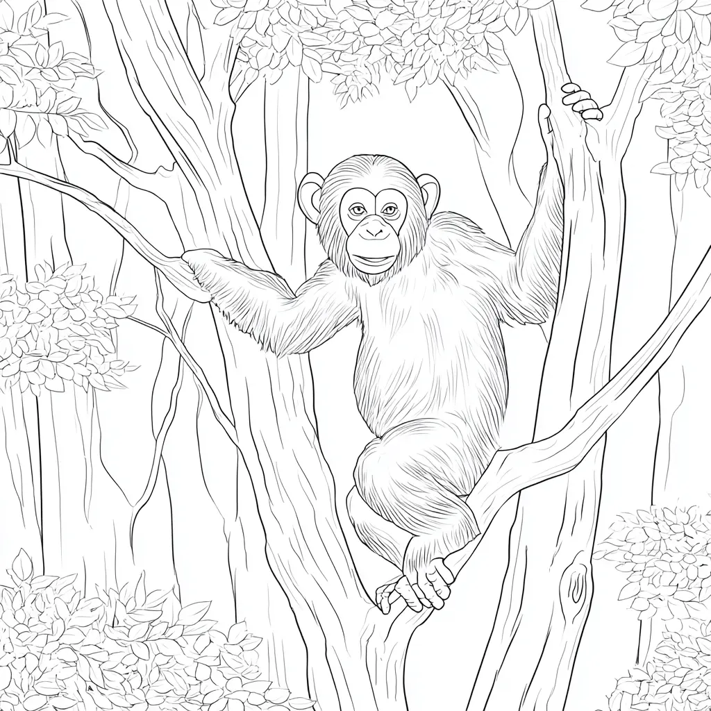 Dibujo de chimpancé agarrado a un árbol para colorear Dibujo de chimpancé agarrado a un árbol para colorear