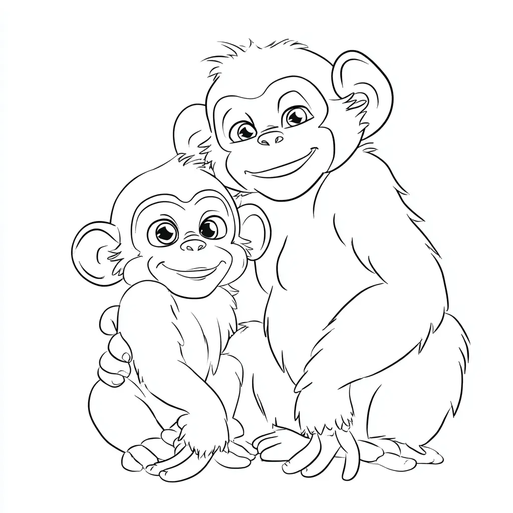 Dibujo de chimpancé y bebé felices para colorear Dibujo de chimpancé y bebé felices para colorear