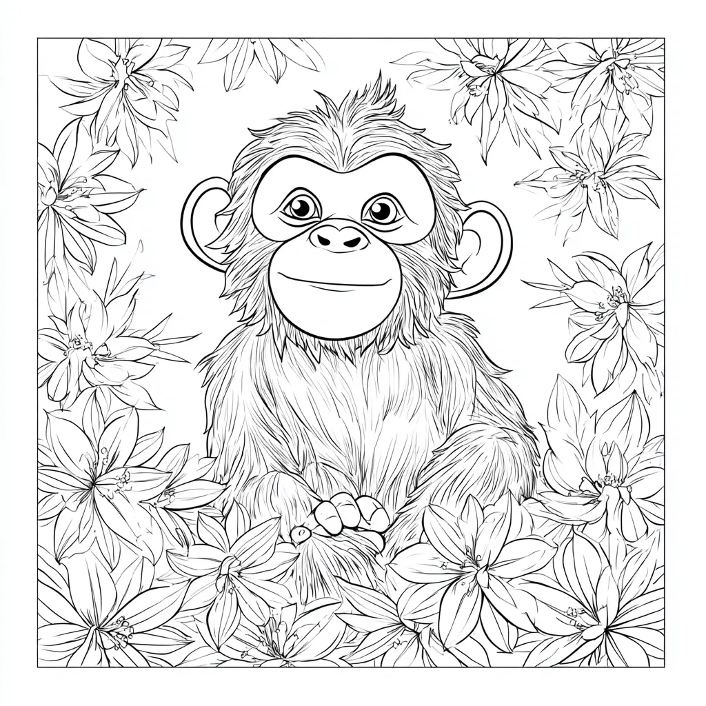 Dibujo de escena de un chimpancé con flores para colorear Dibujo de escena de un chimpancé con flores para colorear