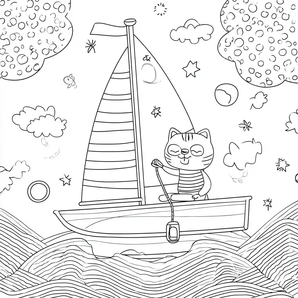 Dibujo de un gatito y el velero mágico para colorear Dibujo de un gatito y el velero mágico para colorear