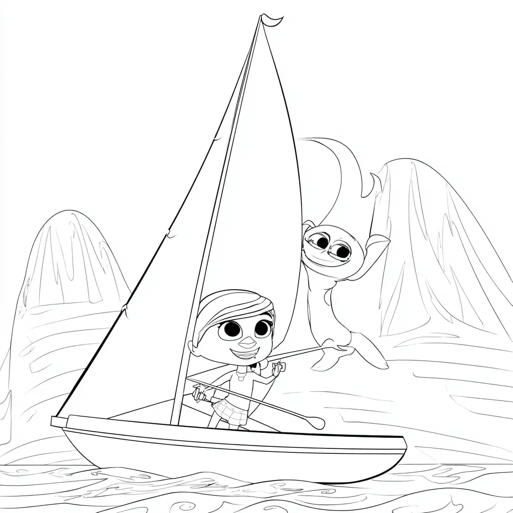 Dibujo de aventura cómica en velero para colorear Dibujo de aventura cómica en velero para colorear