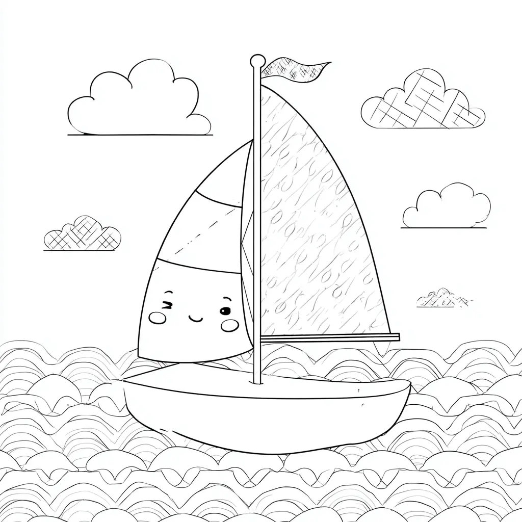 Dibujo de velero kawaii con olas y nubes para colorear Dibujo de velero kawaii con olas y nubes para colorear