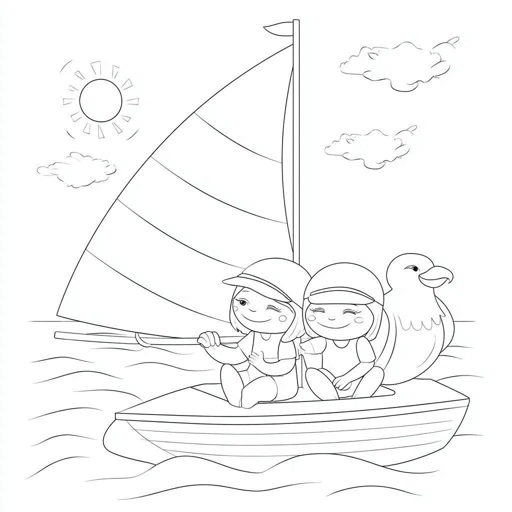 Dibujo de amigos navegando con gaviota para colorear Dibujo de amigos navegando con gaviota para colorear