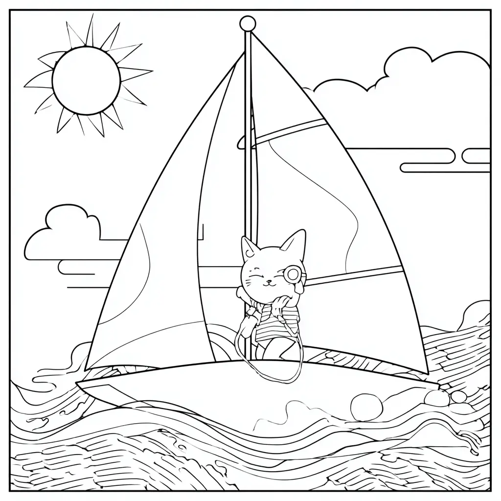 Dibujo de viñeta de gatito navegando para colorear Dibujo de viñeta de gatito navegando para colorear